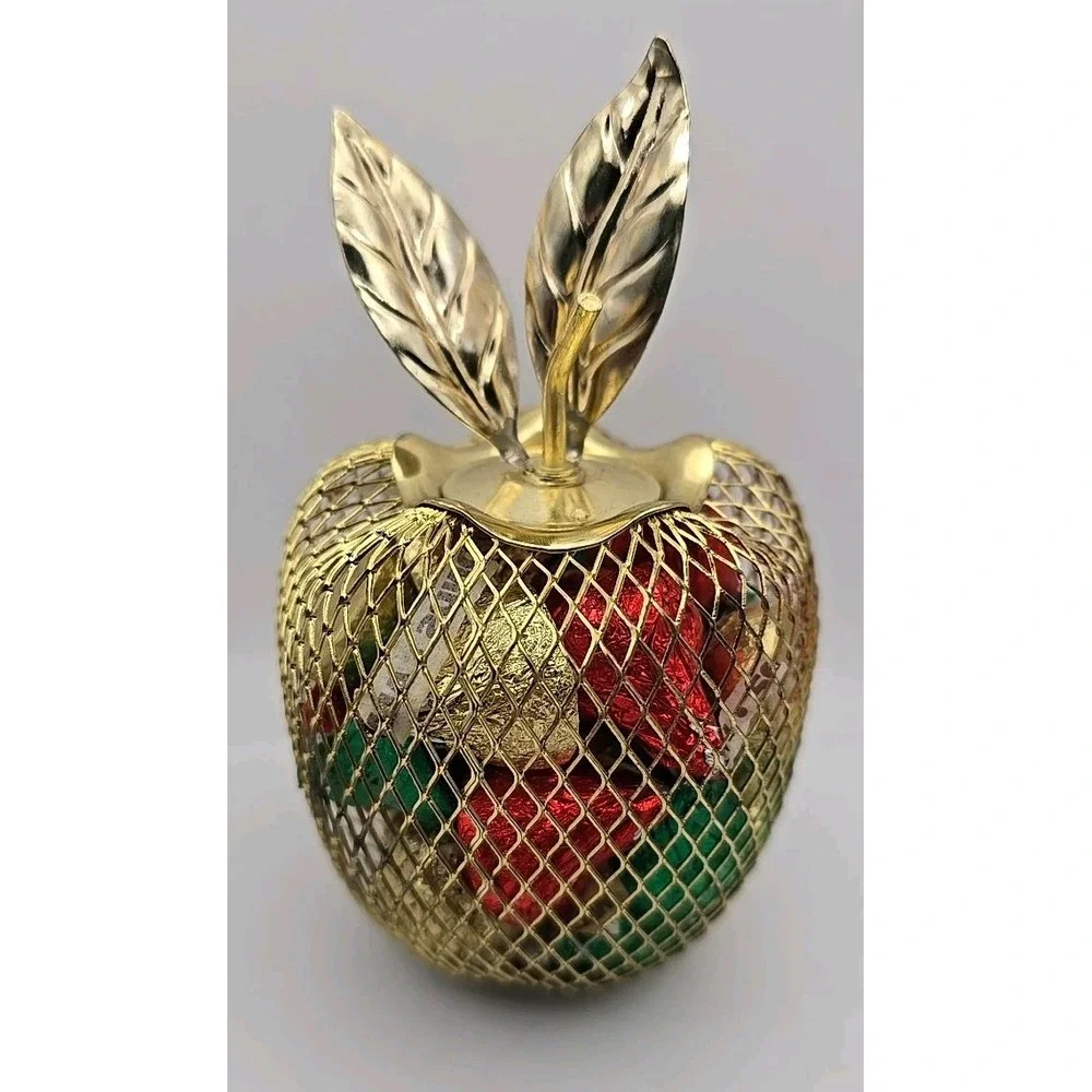 VINTAGE Brass Gold Mesh Apple Potpourri Christmas Ornament Candy‎ Holder 5 in